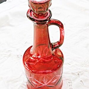 Vintage Ruby Red Cut to Clear Glass Decanter with Stopper